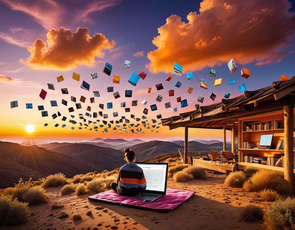 A whimsical digital landscape filled with oversized, open books floating in the sky, each displaying different blog themes like travel, food, and tech. Below, a diverse group of aspiring bloggers, with laptops and notepads, eagerly discussing trends and insights. The scene is bright and inviting, with a glowing sunset illuminating the horizon. Elements of social media icons and digital devices subtly integrated into the environment. vibrant colors. surreal. 3D.