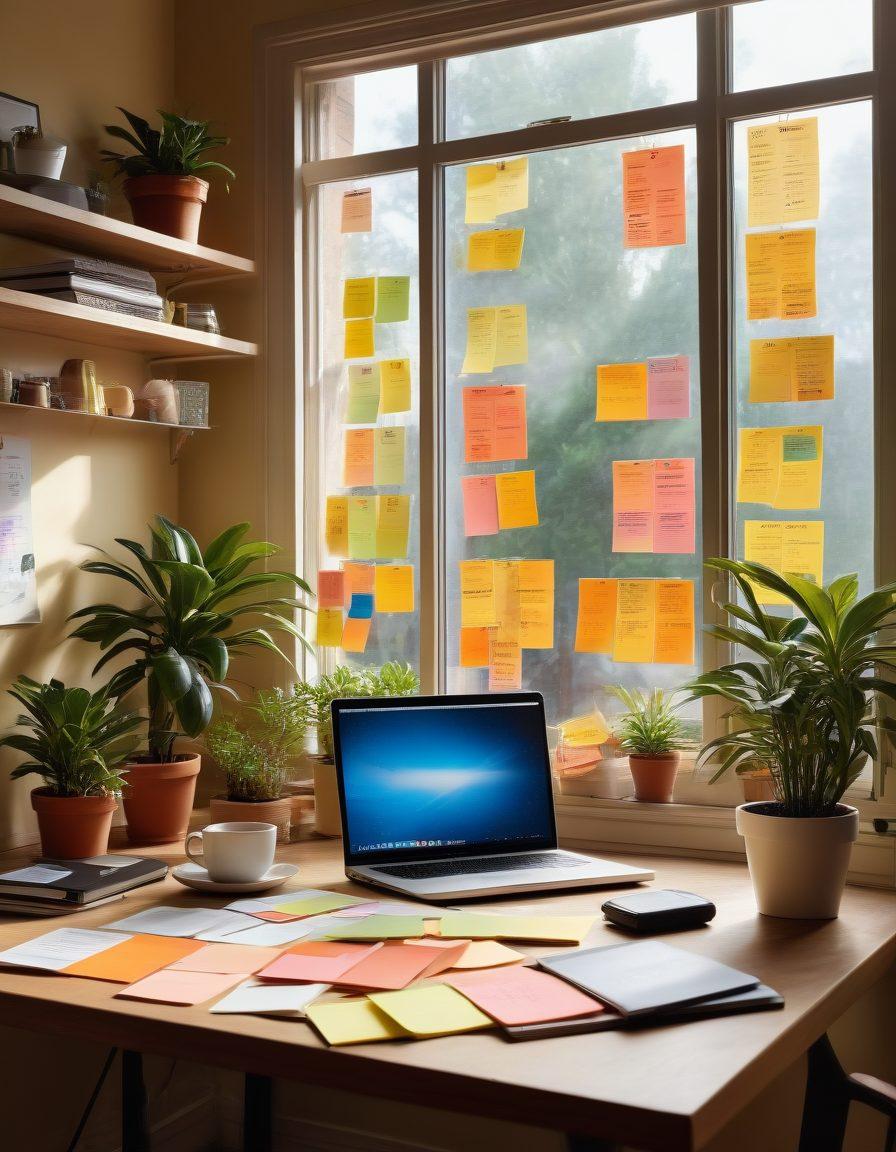 An inviting workspace with a laptop opened to a blog interface, surrounded by colorful sticky notes highlighting tips and trends. Include a steaming coffee mug, a potted plant, and a community board filled with inspirational quotes. Soft sunlight streams through a window, creating a warm atmosphere. super-realistic. vibrant colors. cozy setting.