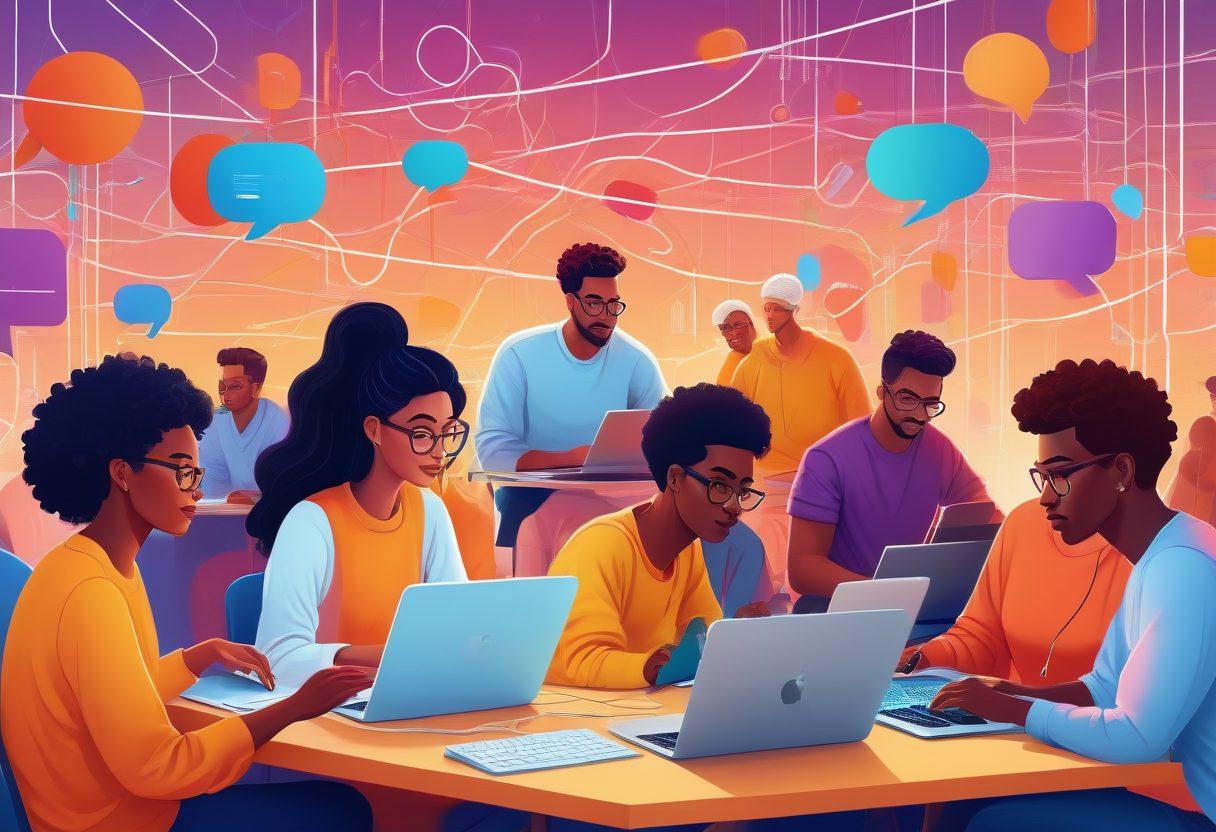 A vibrant virtual gathering of diverse individuals engaged in various blogging activities, showcasing collaboration and interaction. Include digital devices like laptops and tablets showing blog posts, with colorful speech bubbles representing ideas and comments. The background should be filled with interconnected lines symbolizing a network, emphasizing community. Use warm tones to evoke a sense of connection and engagement. digital illustration. vibrant colors. 3D.